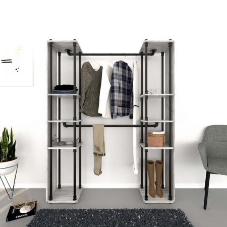 Slicethinner clothing hanging hall tree manufacturer. A hall tree that can hang clothes and store items on a flat surface. It is made of plastic plywood and black sandblasted iron parts. The size of the plywood laminate is 30.0*30.0cm.